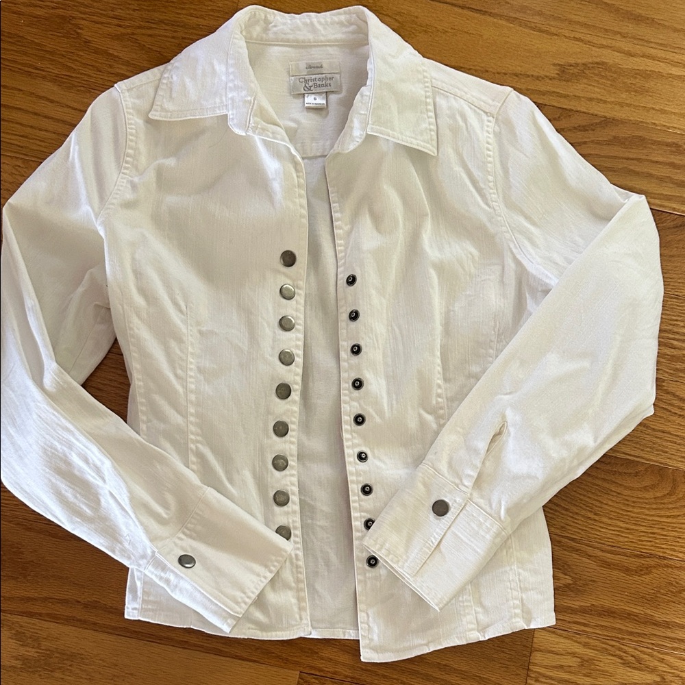 Christopher & Banks White Snap-Front Jean Jacket Stretch Y2K
